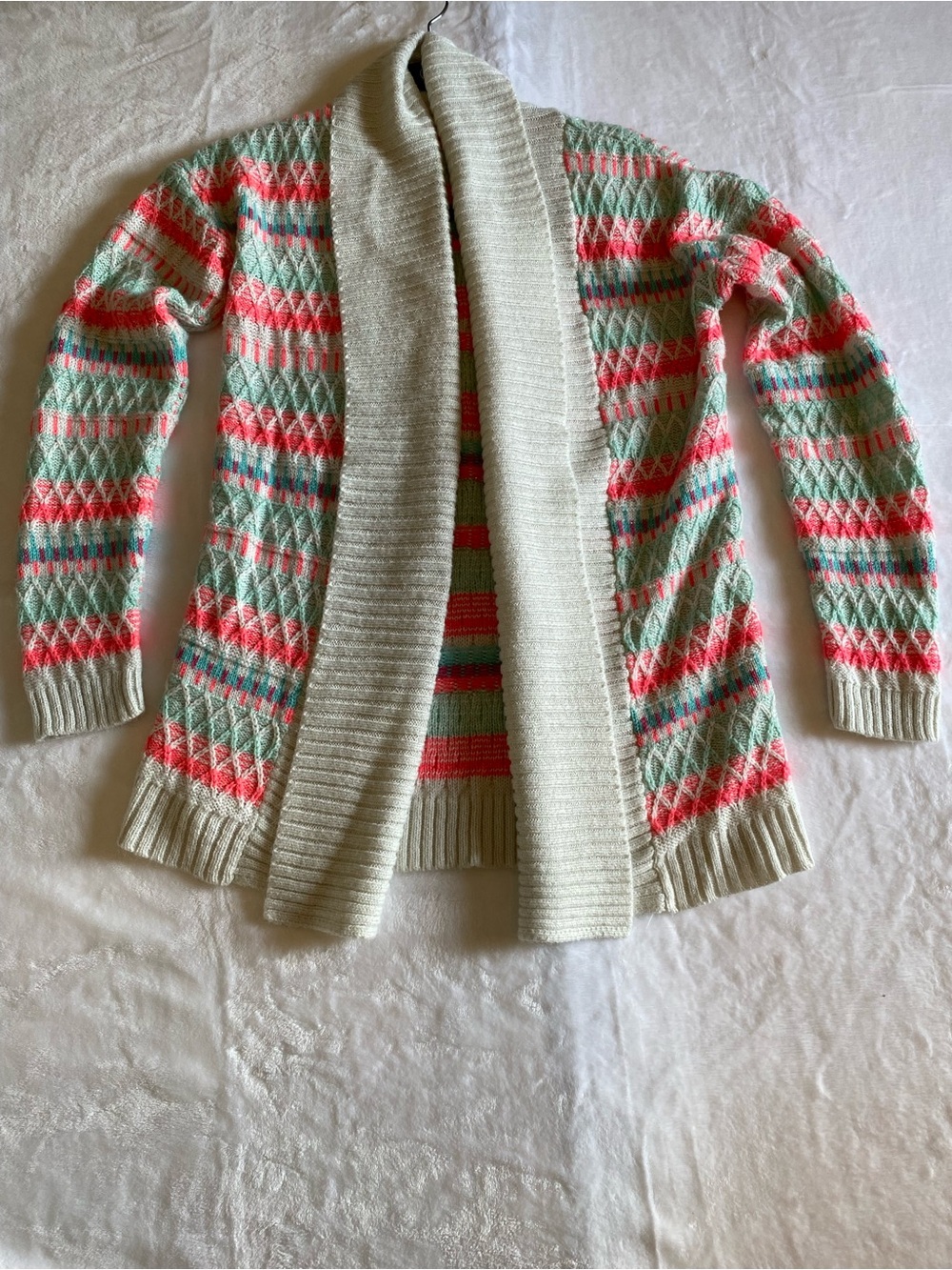 Cat & Jack Girl Cream Open-Front Knit Cardigan Coral Green Mint Stripes XL(14-16